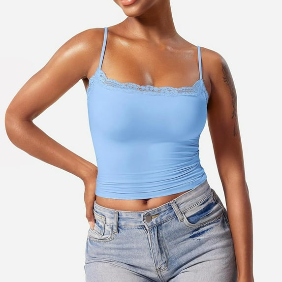 BLOCLOALO Camisole Tops for Women Lace Tops for Women Lace Top Double Lined Tank Top Spaghetti Strap Club Shirt Square Neck Vest Square Neck Tops Bandeau Tops Crop Tops for Women Light Blue S