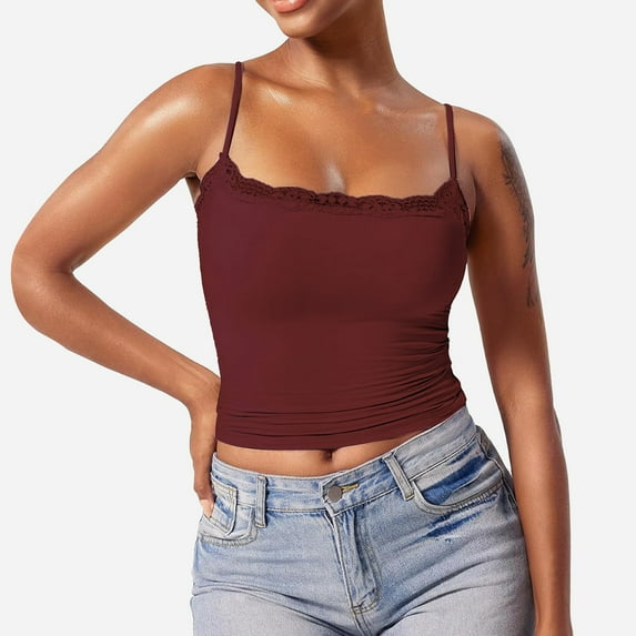 BLOCLOALO Camisole Tops for Women Lace Tops for Women Lace Top Double Lined Tank Top Spaghetti Strap Club Shirt Square Neck Vest Square Neck Tops Bandeau Tops for Women Crop Tops for Women Wine M