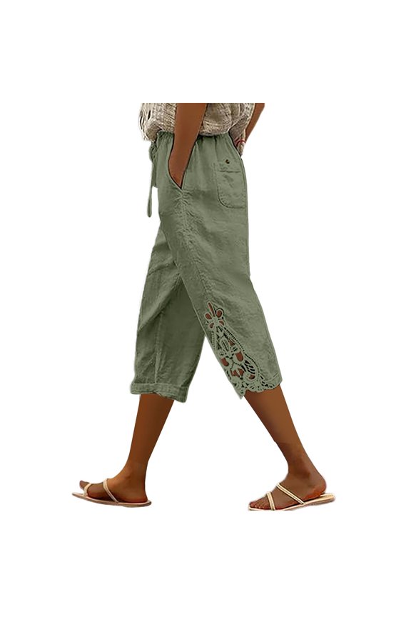 Capri Pants High Waisted Pants Women's Fashion Solid Color Cotton Linen Elastic Seven Pants Beach Casual Pants Linen Loose Pants Drawstring Pants Travel Pants Green M