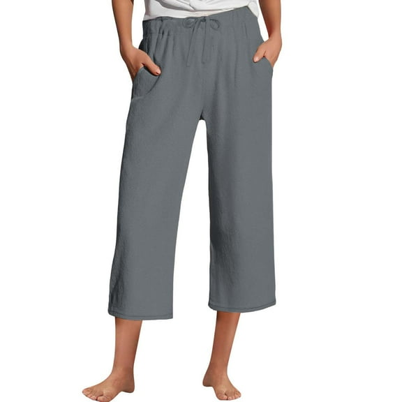 BLOCLOALO Capri Pants Wide Leg Pants Cotton Linen Pant Drawstring Waist Wide Leg Crop Pant Casual Loose Fit Beach Trouser Lightweight Pants Elastic Waist Pants Breathable Pants Women Dark Grey S
