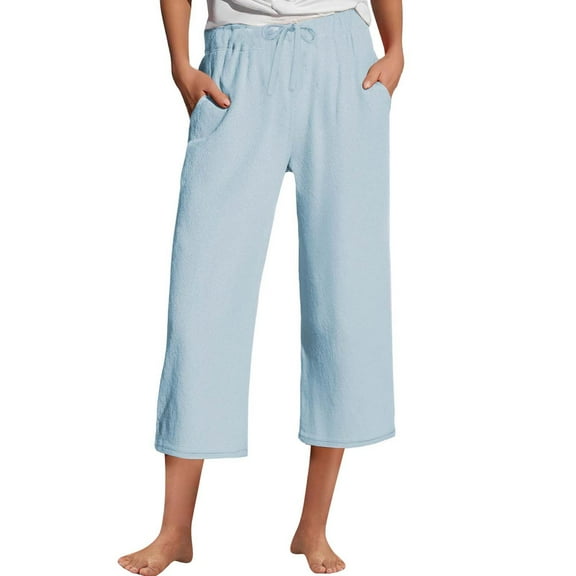 BLOCLOALO Capri Pants Wide Leg Pants Cotton Linen Pant Drawstring Waist Wide Leg Crop Pant Casual Loose Fit Beach Trouser Lightweight Pants Elastic Waist Pants Breathable Pants Women Sky Blue S