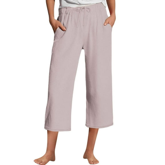 BLOCLOALO Capri Pants Wide Leg Pants Cotton Linen Pant Drawstring Waist Wide Leg Crop Pant Casual Loose Fit Beach Trouser Lightweight Pants Elastic Waist Pants Breathable Pants Women Pink L