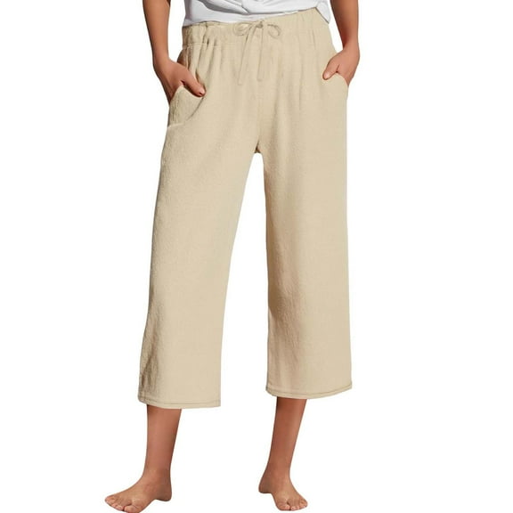 BLOCLOALO Capri Pants Wide Leg Pants Cotton Linen Pant Drawstring Waist Wide Leg Crop Pant Casual Loose Fit Beach Trouser Lightweight Pants Elastic Waist Pants Breathable Pants Women Khaki M