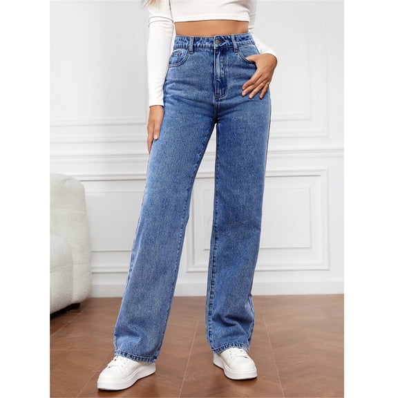 BLOCLOALO Cargo Pants Denim Pants Women Button High Trousers Pocket Waist Elastic Pants Jeans Denim Hole Loose Women's Jeans Stretch Pants Straight Leg Jeans Pants Trendy Bu1 M