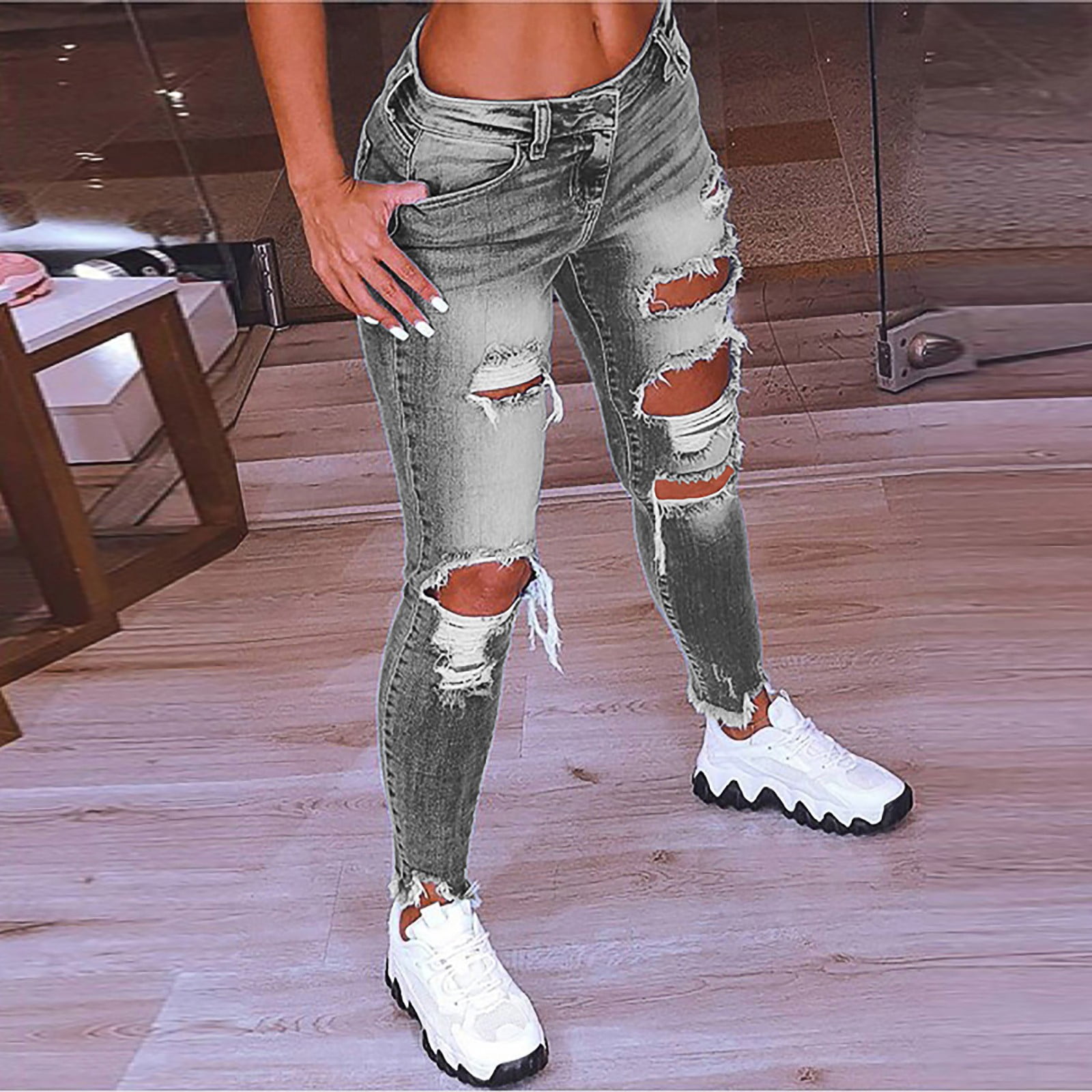 BLOCLOALO Cargo Pants Denim Pants Women Solid Color Hole Low Waist ...