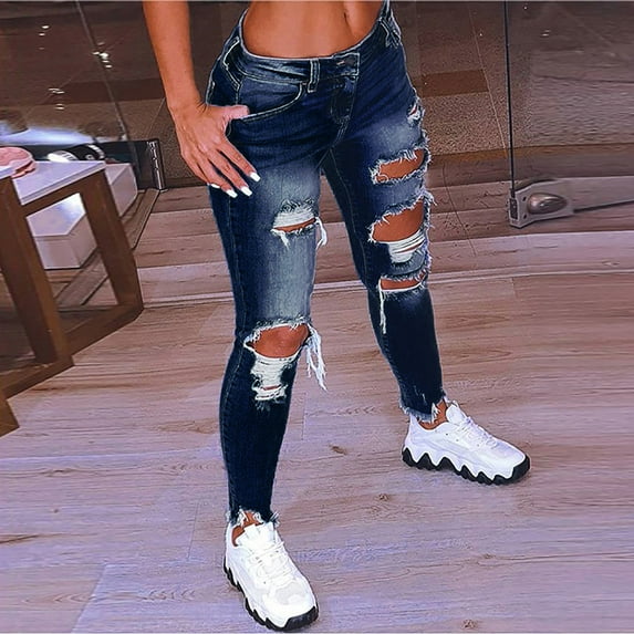 BLOCLOALO Cargo Pants Denim Pants Women Solid Color Hole Low Waist Jeans Flares Ankle Fashion Pants Trouser Straight Leg Jeans Skinny Jeans Ripped Jeans Dark Blue Xl