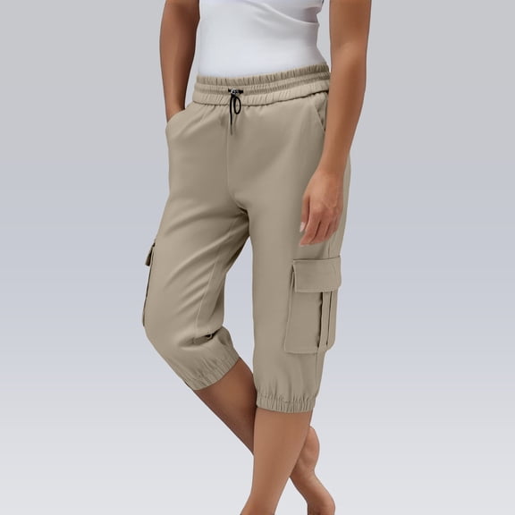 BLOCLOALO Cargo Pants Leggings Summer Women's Multi Pocket Drawstring Cargo Pants with A High Waist and A 7/8 Length. Stretch Pants Pants with Pockets Drawstring Pants Khaki S