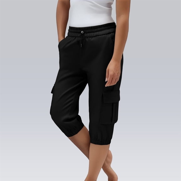BLOCLOALO Cargo Pants Leggings Summer Women's Multi Pocket Drawstring Cargo Pants with A High Waist and A 7/8 Length. Stretch Pants Pants with Pockets Drawstring Pants Black S