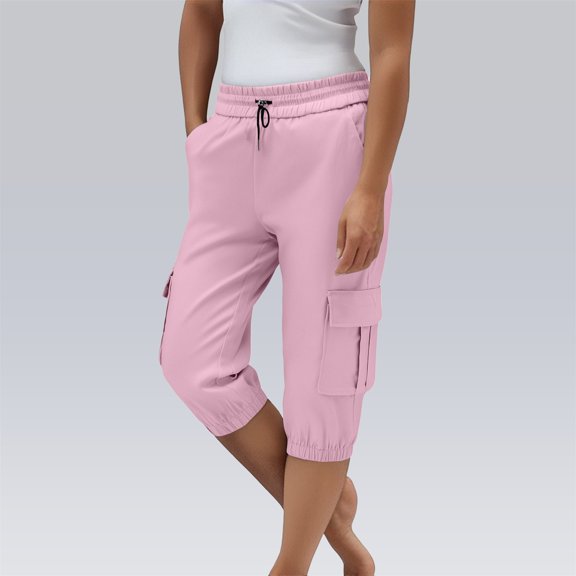 BLOCLOALO Cargo Pants Leggings Summer Women's Multi Pocket Drawstring Cargo Pants with A High Waist and A 7/8 Length. Stretch Pants Pants with Pockets Drawstring Pants Pink S