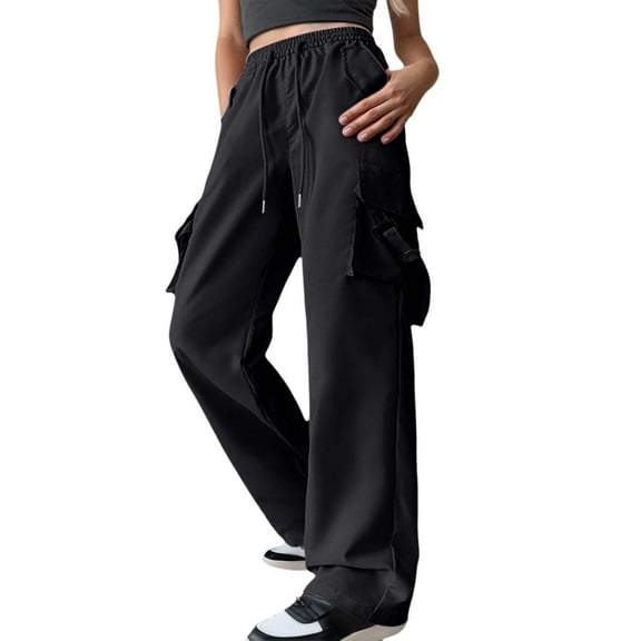 BLOCLOALO Cargo Pants Wide Leg Pants Casual Pants High Waisted Stretchy Pants Workout Joggers Hiking Travel Pants Lounge Pants Sweatpants Drawstring Pants with Pocket Workout Trendy Pants Black S