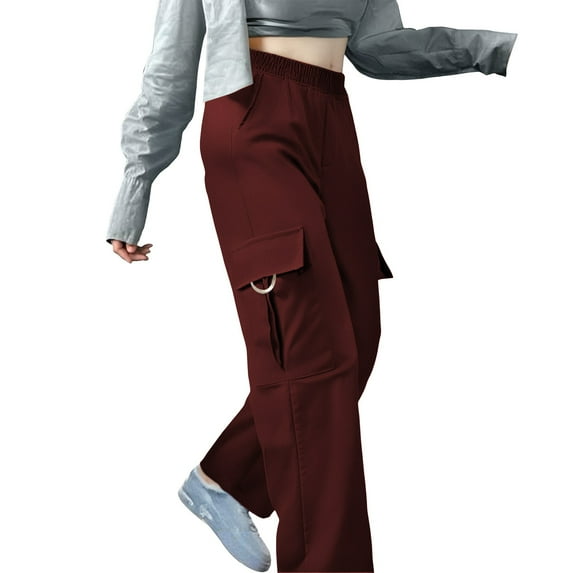 BLOCLOALO Cargo Pants Wide Leg Pants Dress Pants Elastic Waist Pants Solid Color Pants with Pocket Work Pants Casual Pants Sport Pants Women Breathable Pants Women Workout Pants for Women Red Xl