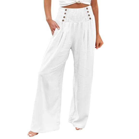 BLOCLOALO Casual Pants Wide Leg Pants Linen Pants Women Comfy Baggy Pants Summer High Waisted Beach Pants Trousers with Pockets Yoga Pants Summer Pants for Woman Active Pants Athletic Pants White M