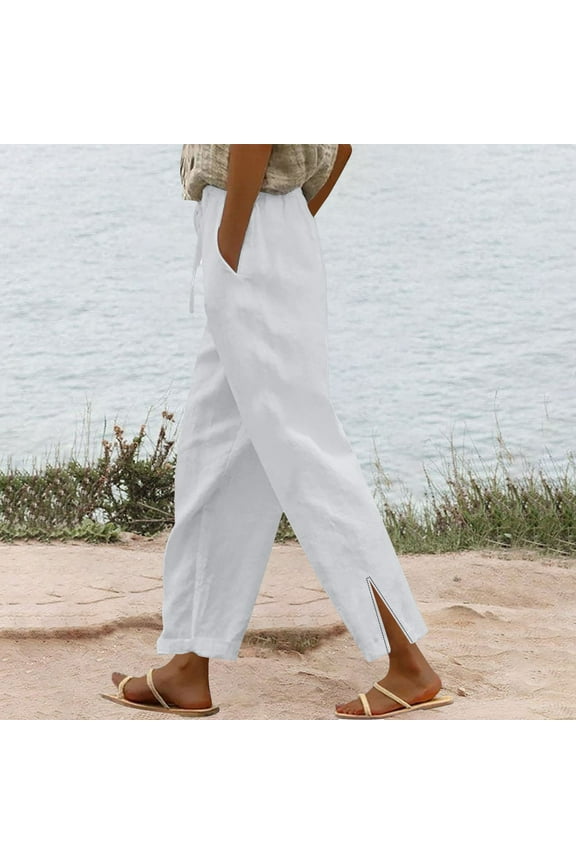 Casual Pants Womens Pants with Pockets Women's Summer Long Solid Color Cotton Linen Straight Leg Loose Casual Pants Pantalones Para Mujer Womens Loose Pants Tall Pants for Women White S
