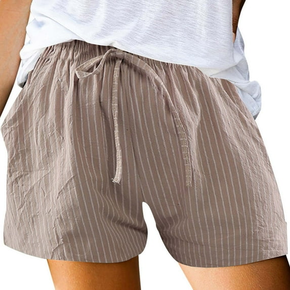 BLOCLOALO Casual Shorts High Waisted Shorts Women's Summer Cotton Casual Striped Shorts Pocket Pants Loose Shorts Linen Shorts Drawstring Shorts Khaki S