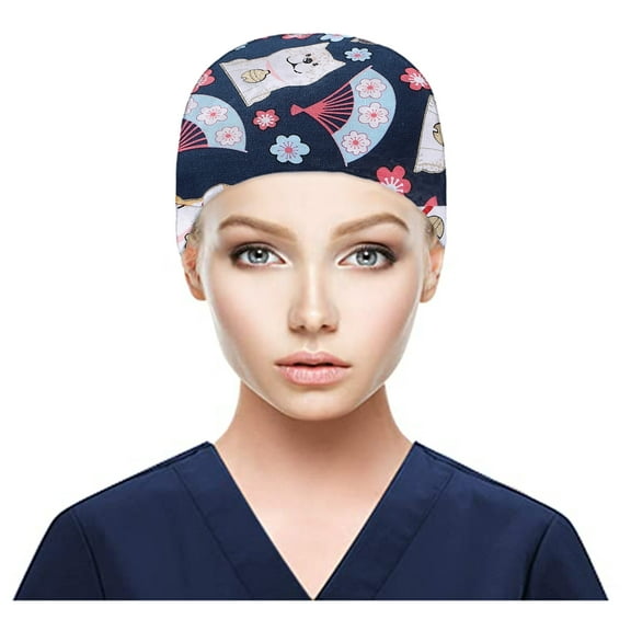 BLOCLOALO Cotton Printed Working Caps Scrub Cap Adjustable Tie Back Bouffant Hats with Button Sweatband for Doctor Nurse B One Size
