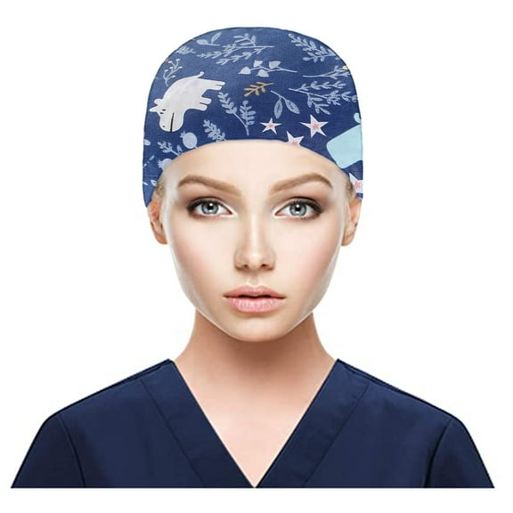BLOCLOALO Cotton Printed Working Caps Scrub Cap Adjustable Tie Back Bouffant Hats with Button Sweatband for Doctor Nurse C One Size