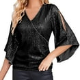 thumbnail image 1 of BLOCLOALO Crop Tops 3/4 Length Sleeve Womens Tops Sequin Tops 3/4 Sleeve Glitter Sparkly Party Blouse V Neck Dressy Tops for Evening Party V Neck Blouses Chiffon Blouses Loose Fitting Tops Black L, 1 of 4