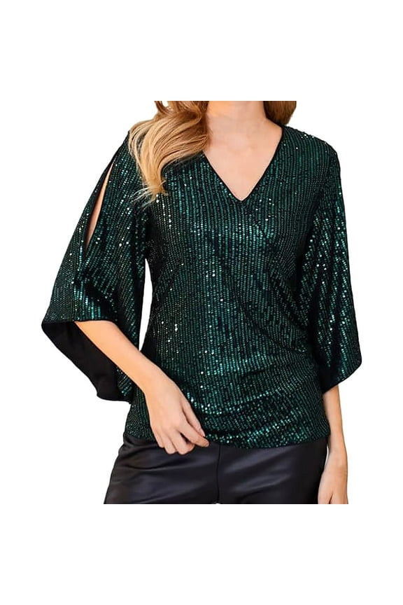 Crop Tops 3/4 Length Sleeve Womens Tops Sequin Tops Glitter Sparkly Party Blouse V Neck Dressy Tops for Evening Party V Neck Blouses Chiffon Blouses Loose Fitting Tops Army Green M
