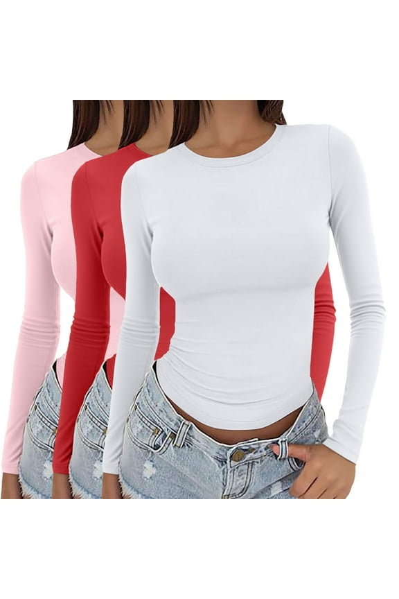 Crop Tops Crewneck Sweatshirts Women 3 Pieces Basic Top Slim Baby Tee Round Neck Dupe Crop Layering Slim Top Blouse Aesthetic Streetwear Long Sleeve Blouses Spring Tops Going Out Tops D Xs