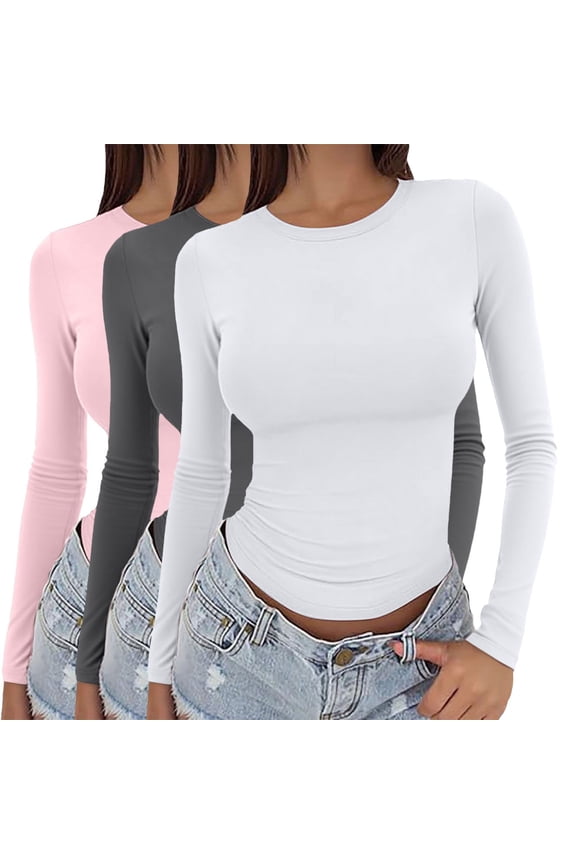 Crop Tops Crewneck Sweatshirts Women 3 Pieces Basic Top Slim Baby Tee Round Neck Dupe Crop Layering Slim Top Blouse Aesthetic Streetwear Long Sleeve Blouses Spring Tops Going Out Tops E L