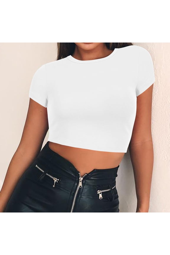 Crop Tops Going Out Tops for Women Women's Round Neck Summer Solid Color Short T Shirt Tops for Women Trendy Short Sleeve Blouses Basic Tees for Women White Xl