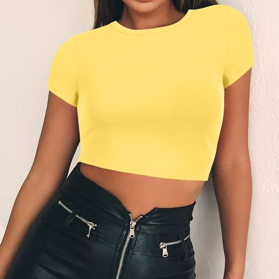 BLOCLOALO Crop Tops Going Out Tops for Women Women's Round Neck Summer Solid Color Short T Shirt Tops for Women Trendy Short Sleeve Blouses Basic Tees for Women Yellow Xl