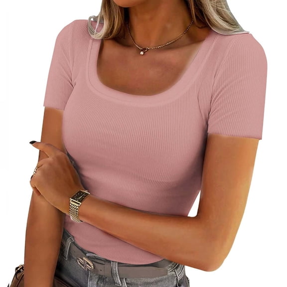 BLOCLOALO Crop Tops Womens Blouses Casual Women's Short Sleeve Scoop Neck Ribbed Knit Fitted Casual Tops Tee Summer Slim Basic Shirts Going Out Tops for Women Basic Tees for Women Summer Tops Pink L