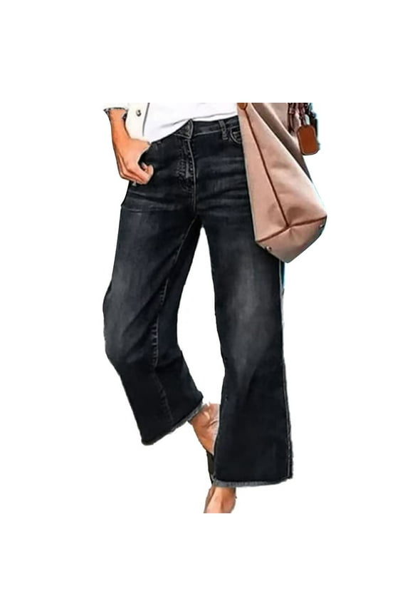 Cropped Jeans Denim Pants Loose Straight Leg Jeans for Women Casual Hem Mid Waisted Pull On Jeans 2023 Trendy Stretch Pants Straight Leg Jeans Pants Trendy Black L