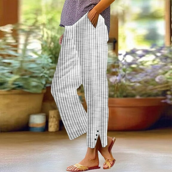 BLOCLOALO Cropped Pants Linen Pants Fashionable Casual Buttons with Pockets Cotton Loose Trousers Striped Pants Pantalones Para Mujer Comfortable Pants Wide Leg Cropped Pants for Women White S