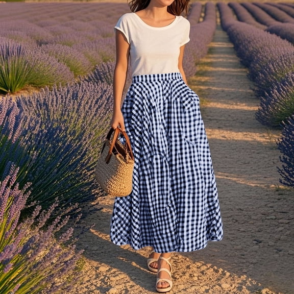 BLOCLOALO Culottes Baggy Pants Women's Summer Elastic High Waist Plaid Ruffled Maxi Skirt Swing Flowy A Line Skirt Flowy Pants Beach Pants Drawstring Pants Blue 3Xl