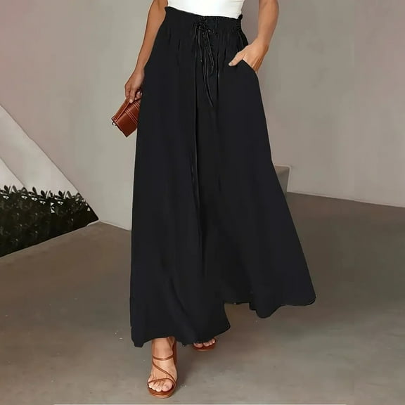 BLOCLOALO Culottes Baggy Pants Women's Wide Leg Pants Flowy Drape Ruffle Waist Pants Flowy Pants Loose Pants Wide Leg Pants Black M