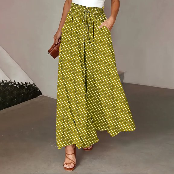 BLOCLOALO Culottes Baggy Pants Women's Wide Leg Pants Flowy Drape Ruffle Waist Pants Flowy Pants Loose Pants Wide Leg Pants Yellow Xl