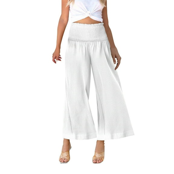 BLOCLOALO Culottes Flowy Pants Women's Casual Wide Leg Wide Leg Casual Pants Pocket Gathered High Waist Trousers Loose Pants Pleated Pants Elastic Waist Pants White M