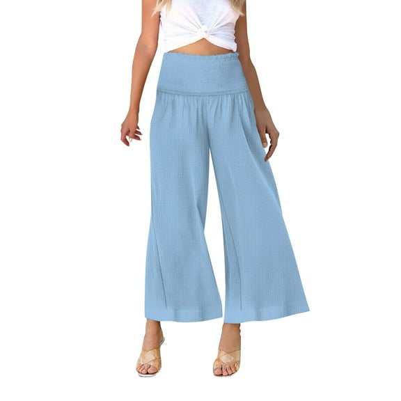 BLOCLOALO Culottes Flowy Pants Women's Casual Wide Leg Wide Leg Casual Pants Pocket Gathered High Waist Trousers Loose Pants Pleated Pants Elastic Waist Pants Blue M