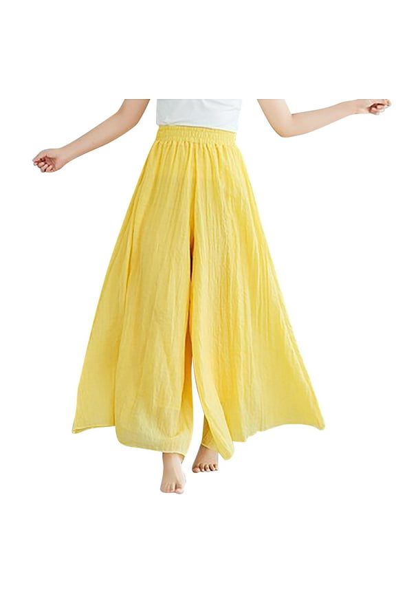 Culottes Linen Pants Women's Cotton Linen Fashion Double Layer Elastic Waist Pants Culottes Material Comfortable Pants Flowy Pants Elastic Waist Pants Palazzo Pants Yellow B