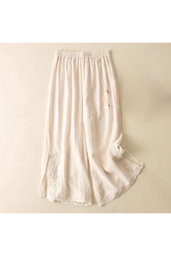 Culottes Wide Leg Pants Literary Loose Nine Point Skirt Pants Retro Thin Elastic Cotton Embroidered Casual Pants Flowy Pants Pleated Pants Palazzo Pants Beige L