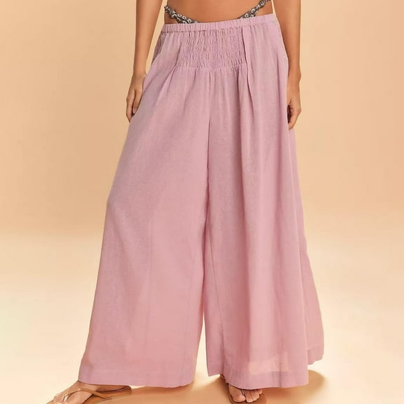 BLOCLOALO Culottes Wide Leg Pants Women's 2025 Summer Solid Color Elastic Pants Wide Leg Casual Loose High Waist Trousers Flowy Pants Pleated Pants Palazzo Pants Rd2 S
