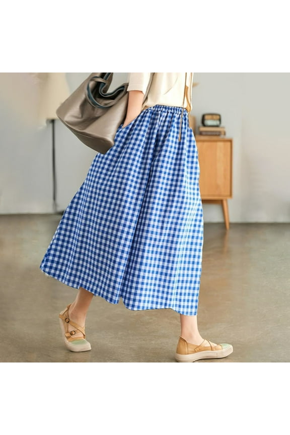Culottes Wide Leg Pants Women's Cotton Linen Pants Elastic Waist Plaid Wide Leg Pants Cropped Pants Loose Pants Comfortable Pants Blue 5Xl