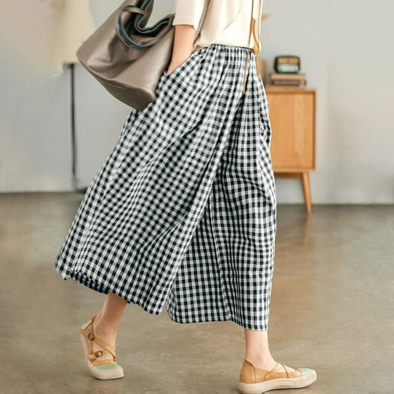 BLOCLOALO Culottes Wide Leg Pants Women's Cotton Linen Pants Elastic Waist Plaid Wide Leg Pants Cropped Pants Loose Pants Comfortable Pants Grey 3Xl