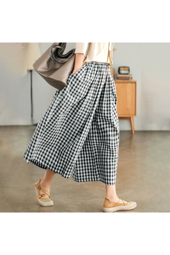 Culottes Wide Leg Pants Women's Cotton Linen Pants Elastic Waist Plaid Wide Leg Pants Cropped Pants Loose Pants Comfortable Pants Grey L