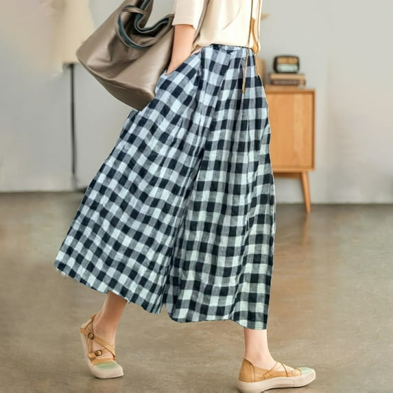 BLOCLOALO Culottes Wide Leg Pants Women's Cotton Linen Pants Elastic Waist Plaid Wide Leg Pants Cropped Pants Loose Pants Comfortable Pants White 4Xl