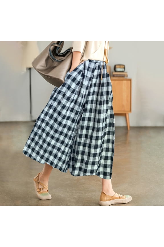 Culottes Wide Leg Pants Women's Cotton Linen Pants Elastic Waist Plaid Wide Leg Pants Cropped Pants Loose Pants Comfortable Pants White Xxl