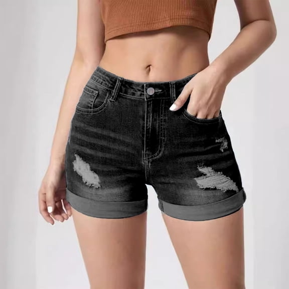 BLOCLOALO Denim Shorts Casual Shorts Women's Ripped Pocket Jeans with Rolled Edge Casual Shorts Mid Rise Shorts Comfy Shorts Jean Shorts Black L