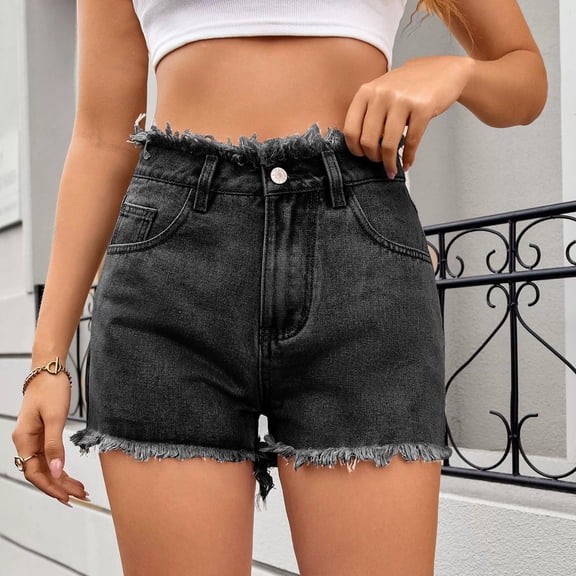 BLOCLOALO Denim Shorts High Waisted Shorts Ladies' Fashionable Casual Button Zipper Spicy Girl Fringed Retro Denim Shorts Casual Shorts Comfy Shorts Jean Shorts Black L