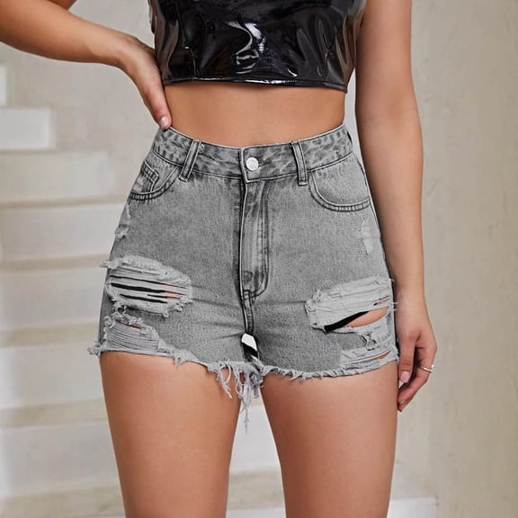 BLOCLOALO Denim Shorts High Waisted Shorts Women's Ripped Pocket Jeans with Rolled Edge Casual Shorts Lounge Shorts Comfy Shorts Jean Shorts Gy1 Xl