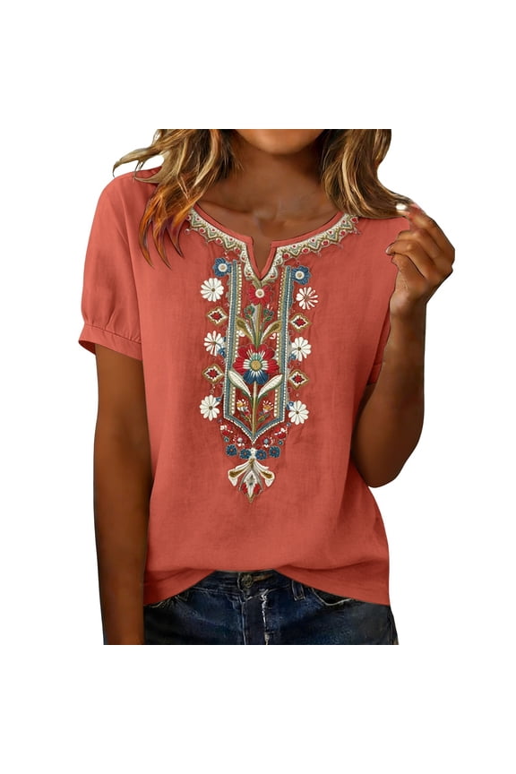 Embroidered Cotton Linen Shirts Short Sleeve Tunic Blouses Peasant Boho Top Floral Embroidered Boho Tops Dressy Casual Bohemian Tops Loose Tunics Breathable Gauze Shirts Orange Xl