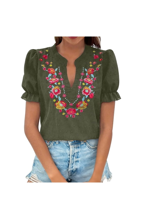 Embroidered Cotton Linen Shirts Short Sleeve Tunic Blouses Peasant Boho Top Gauze Shirt Loose Tunics Gauze Blouses Mexican Embroidered Tops Floral Embroidered Boho Tops Blackish Green Xl