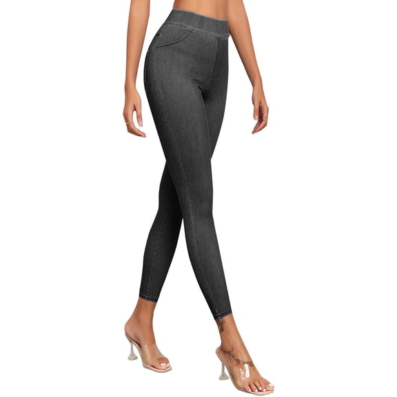 BLOCLOALO Faux Denim Yoga Fitness Pants Slim Leg High Elastic Waist Leggings Athletic Workout Tights Gym Shaping Skinny Jeans Jeggings Pants Stretchy Leggings No Pocket Yoga Ankle Pants Black L
