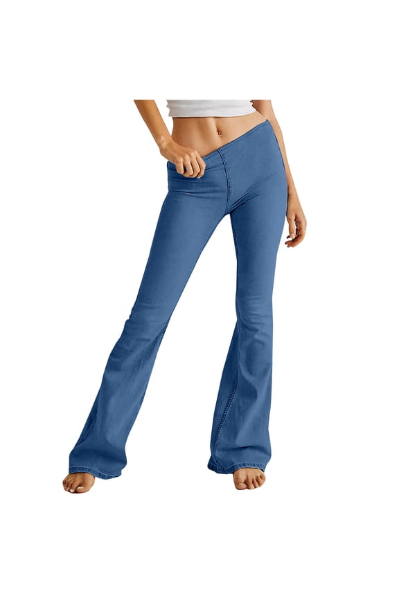 Flare Jeggings Stretch Washed Denim Pants Elastic Pull-On Flared Bell Bottoms Bootcut Denim Jeggings Mid Rise Wide Leg Casual Jeans Long Trousers Trendy Streetwear Denim Jeans Blue Xxl