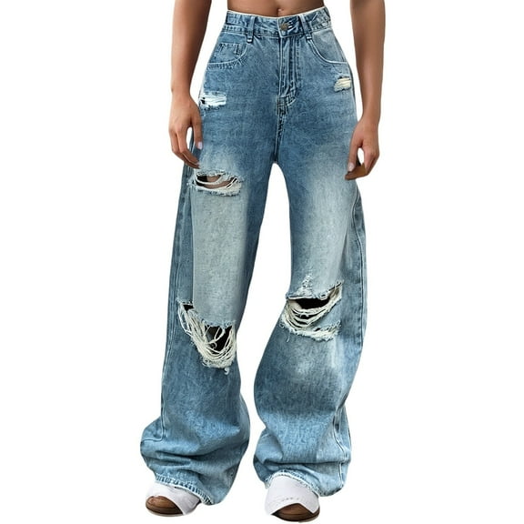 BLOCLOALO Flare Pants Denim Pants Women Jeans High Waist Embroidered Jeans Women Hole Baggy Jeans Stretch Pants Ripped Jeans Pants Trendy Blue M